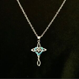 Intricate 925 Sterling Silver Cross with genuine blue Opal Necklace Free Chain
